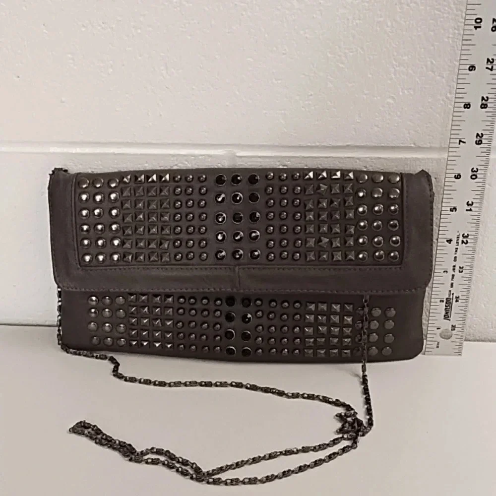 Gray Clutch Crossbody bag Gunmetal Studs Black Faceted Stones Removable Chain - Picture 10 of 11
